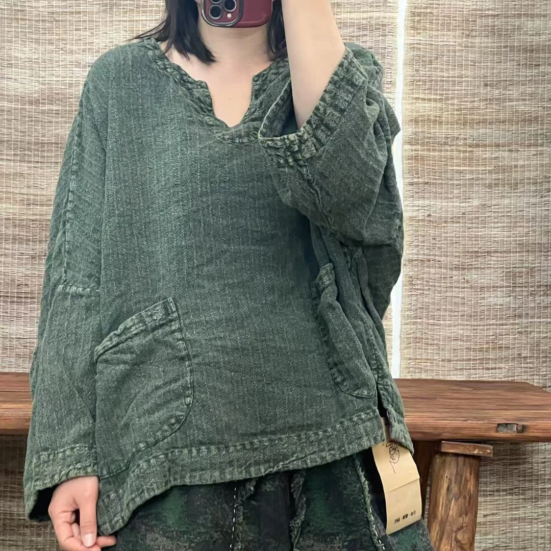 M 002春装新款复古文艺亚麻炒色做旧V领上衣（衣长60胸围164）