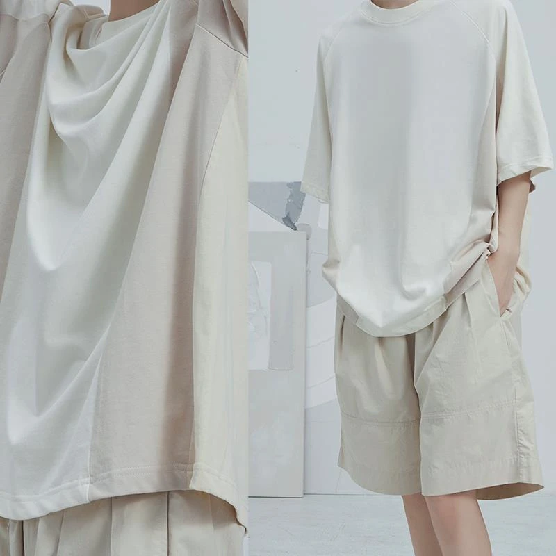 男装轻奢 2色.奶白色系结构感多色拼接撞色设计感恤圆领套头短袖