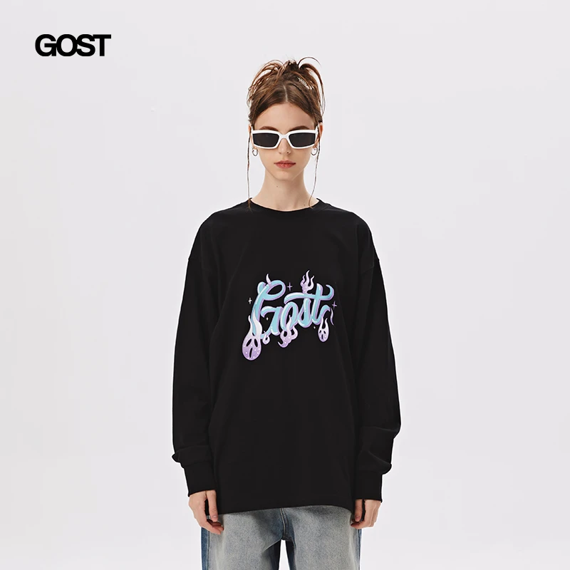 GOST “devote more time to love”火焰长袖T恤秋冬上衣情侣男潮