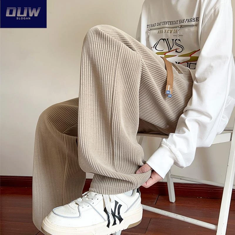 O.U.W2025卡其色灯芯绒裤子男士初秋雪尼尔宽松垂感直筒休闲长裤