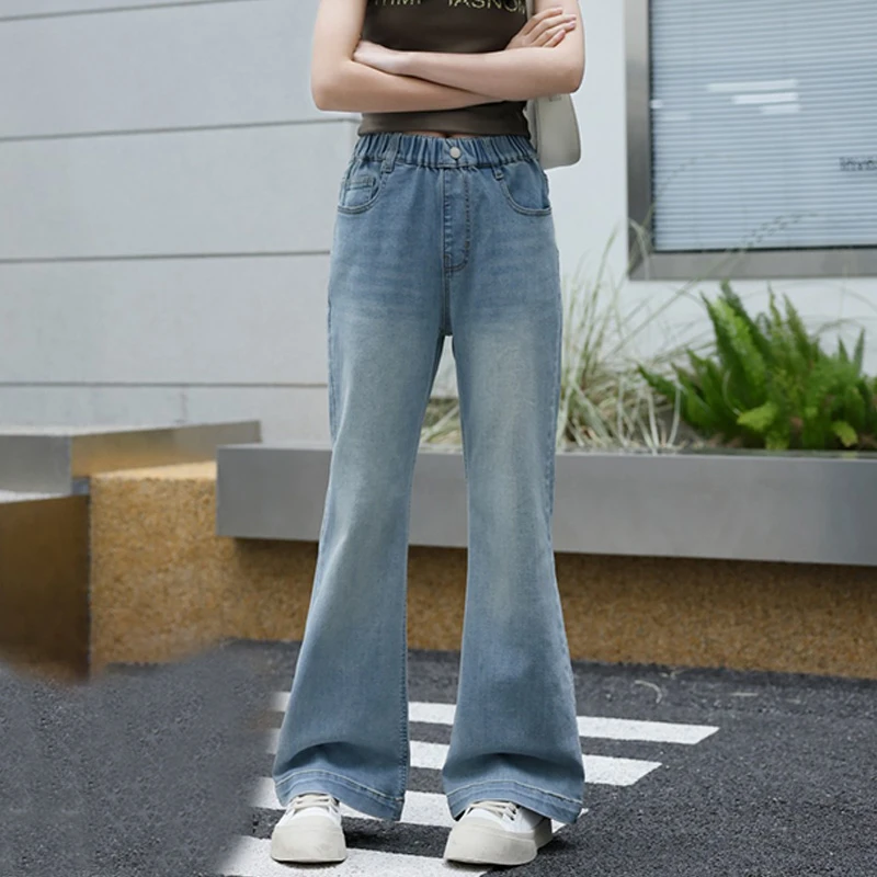 少女微喇牛仔裤女童2025春季薄款中大童直筒显瘦阔腿牛仔裤松紧腰