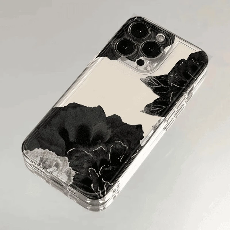 黑墨牡丹适用苹果16Plus手机壳iPhone15PROMAX新款14/13/12透明壳