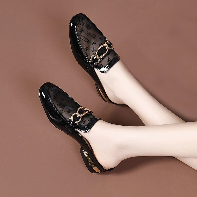 真皮网纱包头半拖鞋女2025新款夏季外穿镂空半托女鞋气质粗跟凉拖