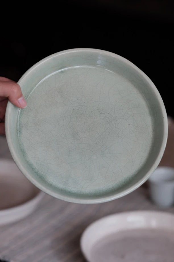 漳窑手工蓄水壶承直径19.6cm茶具陶瓷天青色茶道干泡盘壶托天青釉