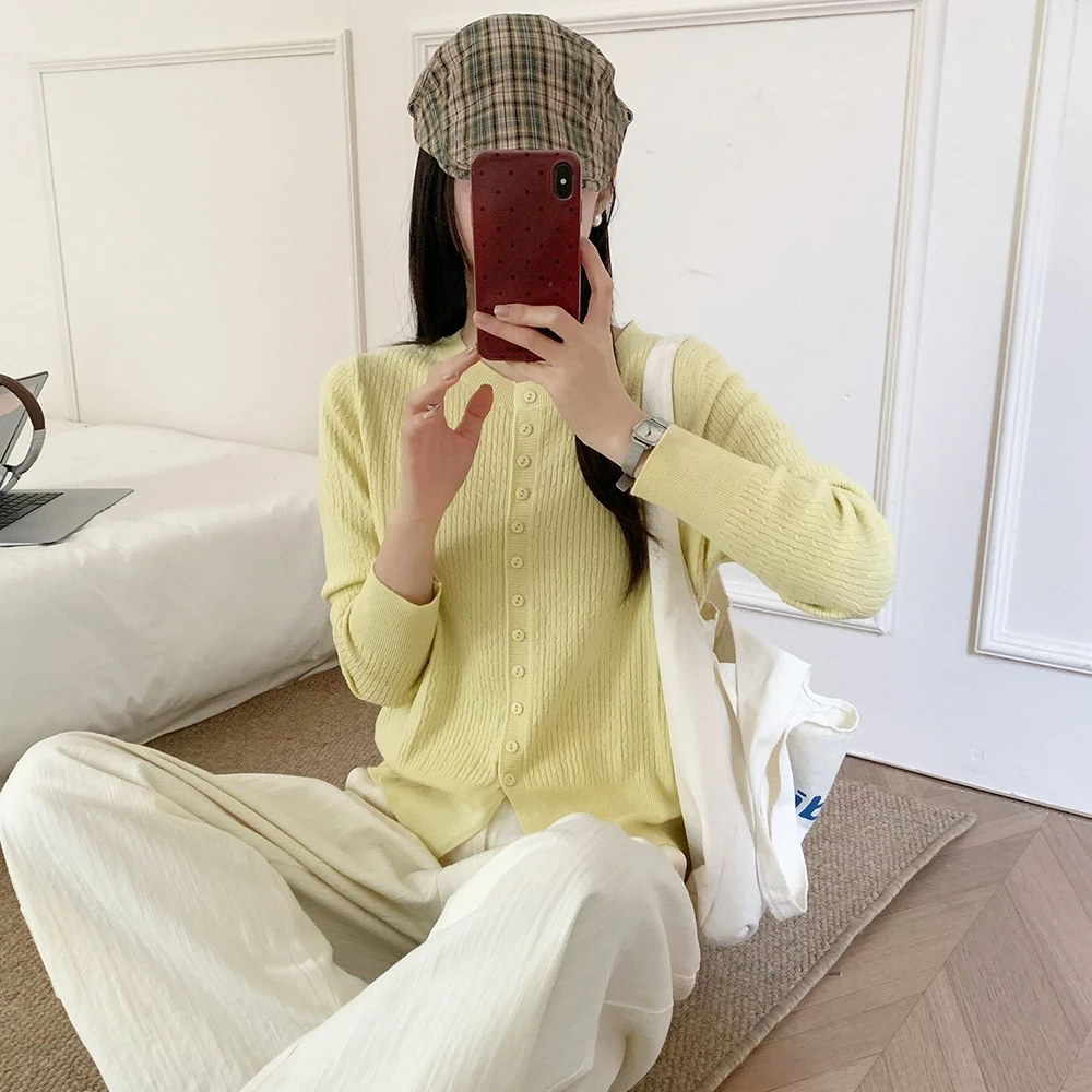 苏醒的乐园针织开衫圆领纯色单排扣SXMY32985百搭显瘦长袖女上衣