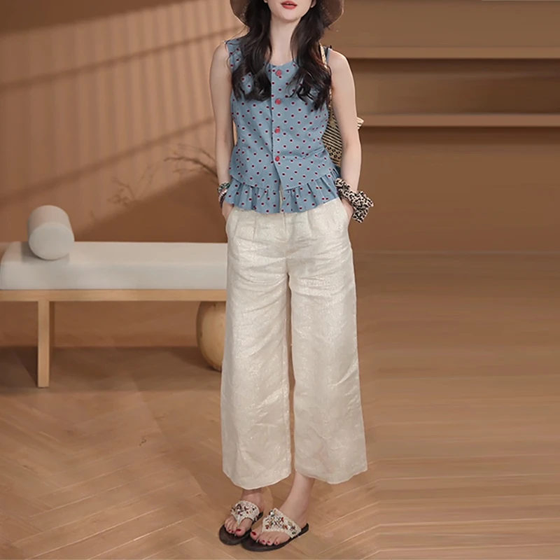 高级小众不撞款套装女2025夏季新款波点无袖衬衫白色阔腿裤两件套