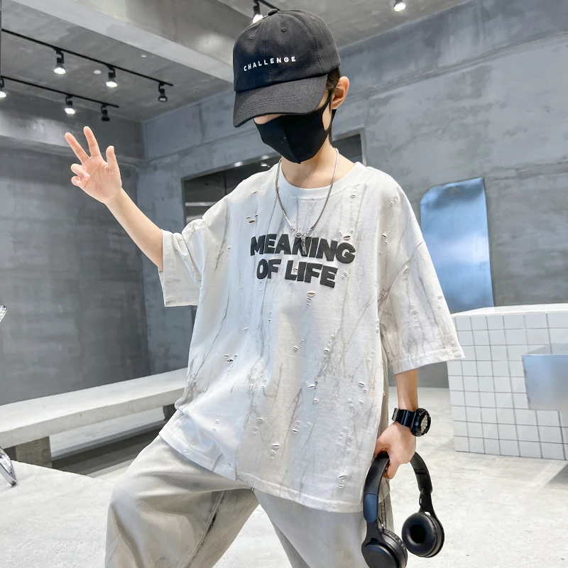 男童短袖t恤夏季薄款2025中大童休闲韩版破洞时尚半袖儿童印花潮5