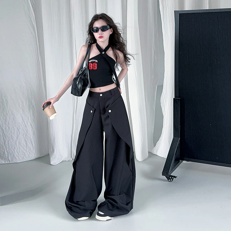 2025女童新款春夏韩版爵士舞街舞黑色挂脖背心翻页裤高腰直筒休闲