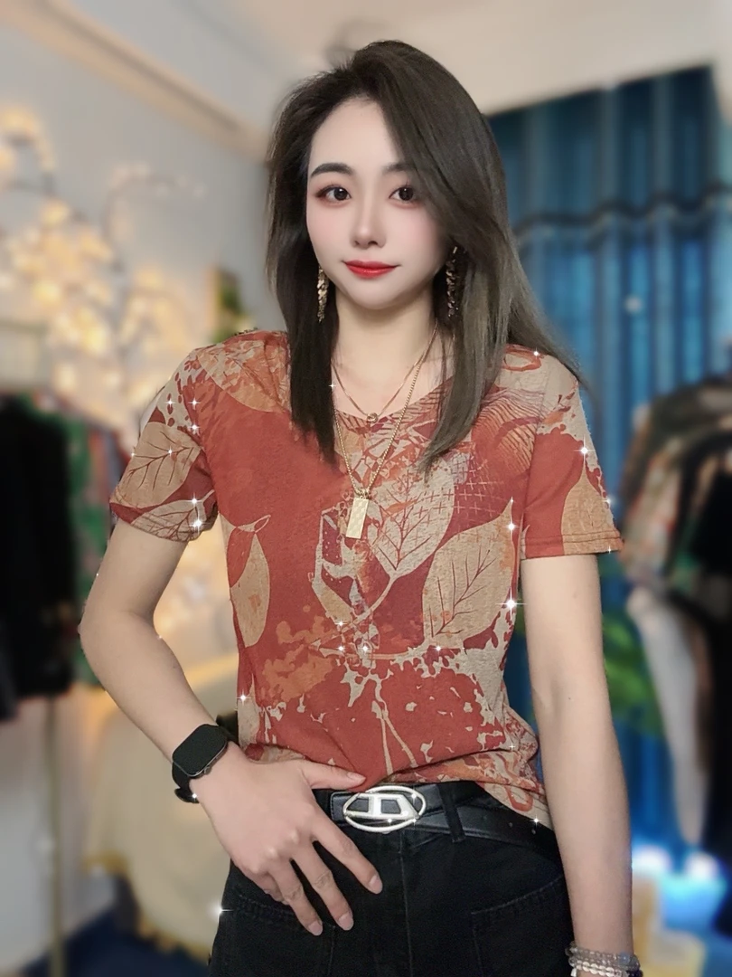 【夏季新款】一叶知秋短袖t恤女夏季时尚上衣半圆领洋气打底衫女