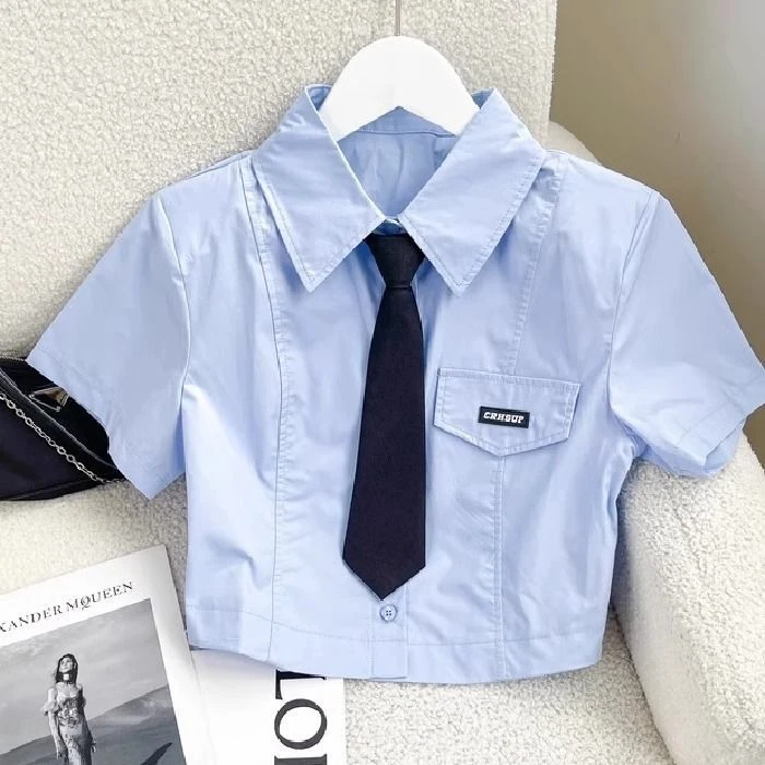 日系蓝色短袖上衣女2025jk学院风短款夏季新款甜酷辣妹衬衣小众潮