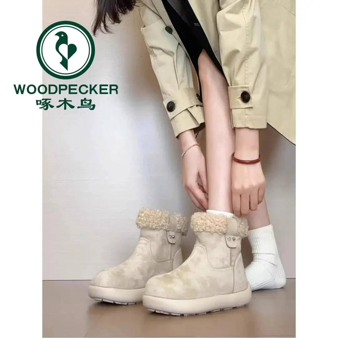 啄木鸟白色厚底雪地靴女2025冬季保暖新款勃肯短靴毛毛棉鞋鞋子