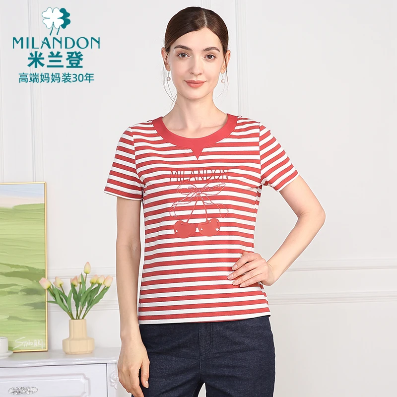 MILANDON/米兰登2025夏季圆领短袖条纹T恤宽松休闲女士1Q2T1185X