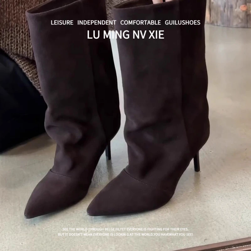 全羊皮~2025新款尖头细跟高跟弹力瘦瘦靴女明星同款新款时尚