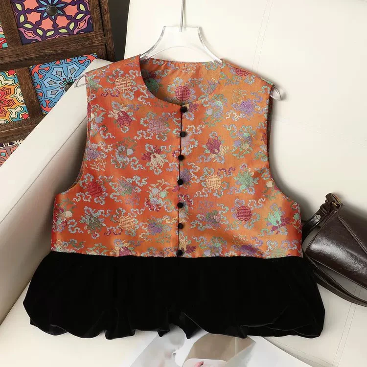 国风马甲新中式坎肩背心盘扣提花无袖外搭丝绒拼接马夹女秋