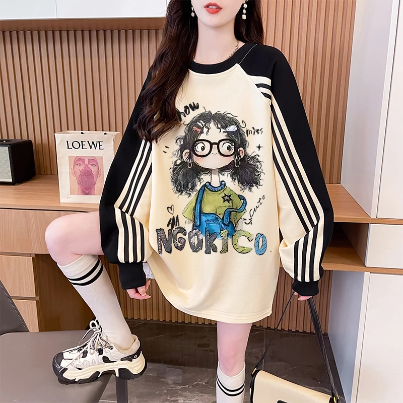 拼接撞色三条杠卡通卫衣女秋冬季新款韩版加绒加厚时髦上衣ins潮