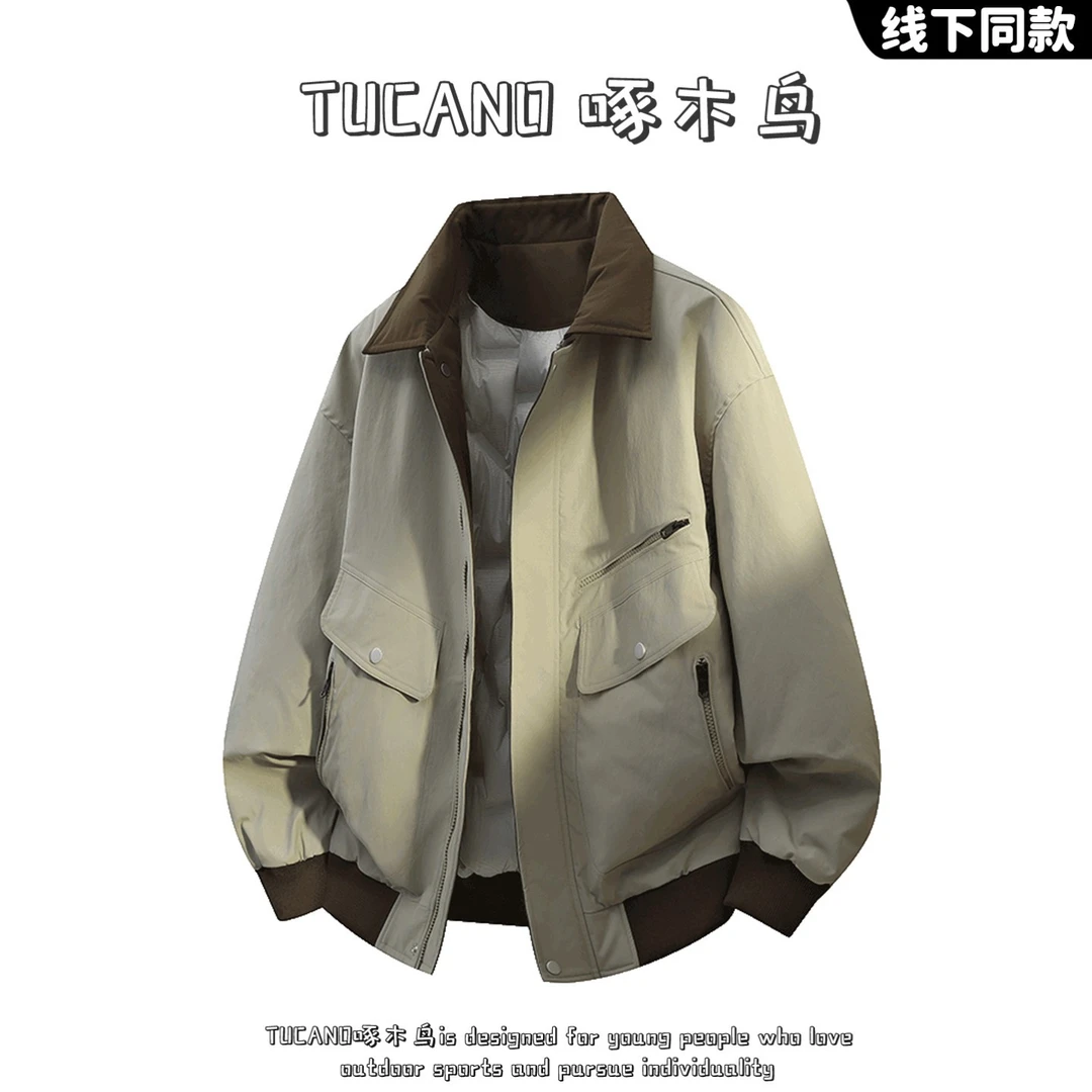 啄木鸟拼接翻领羽绒服男士冬季加厚2025新款百搭保暖白鸭绒外套潮