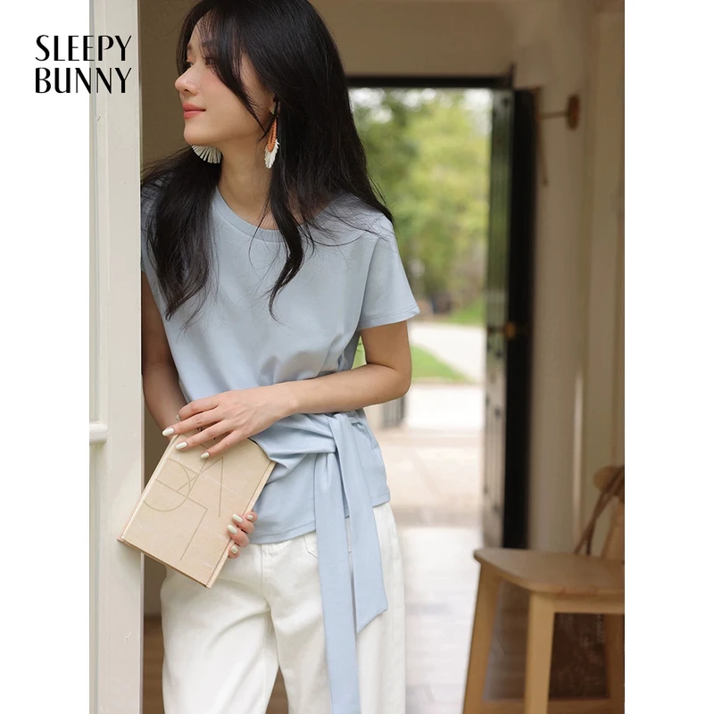 瞌睡兔不规则绑带设计感短袖T恤女夏季修身显瘦甜辣上衣2551820