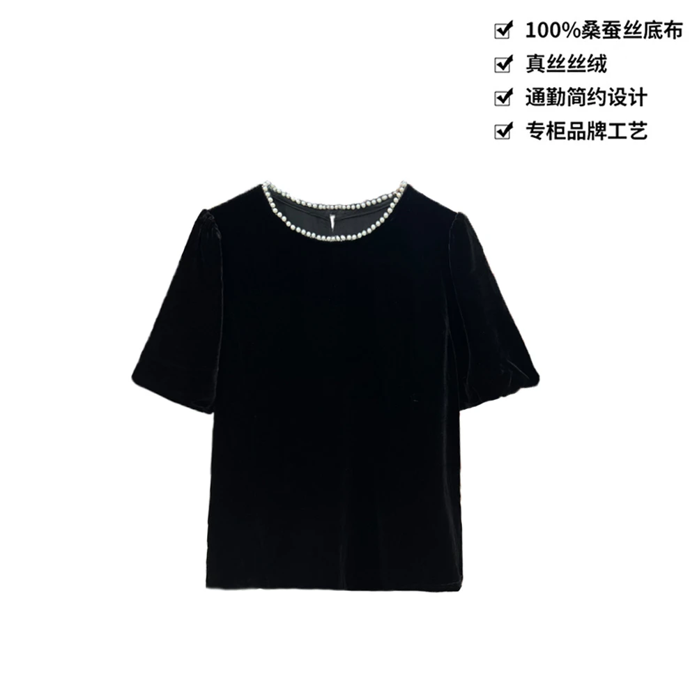 100桑蚕丝真丝丝绒珍珠圆领泡泡袖真丝短袖上衣DX160