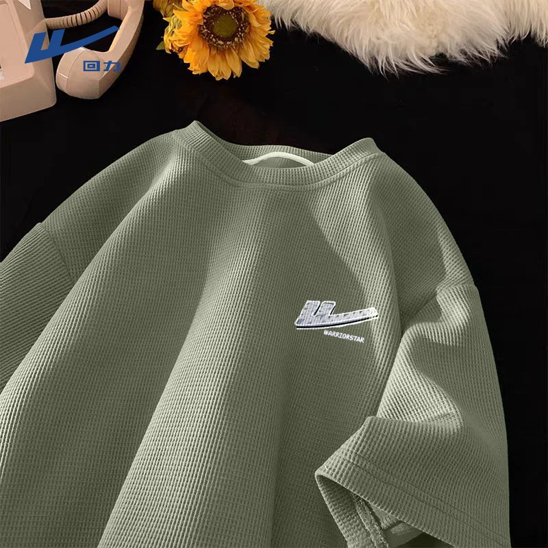 回力抹茶绿色短袖男士夏季美式圆领华夫格t恤男款宽松百搭半袖男