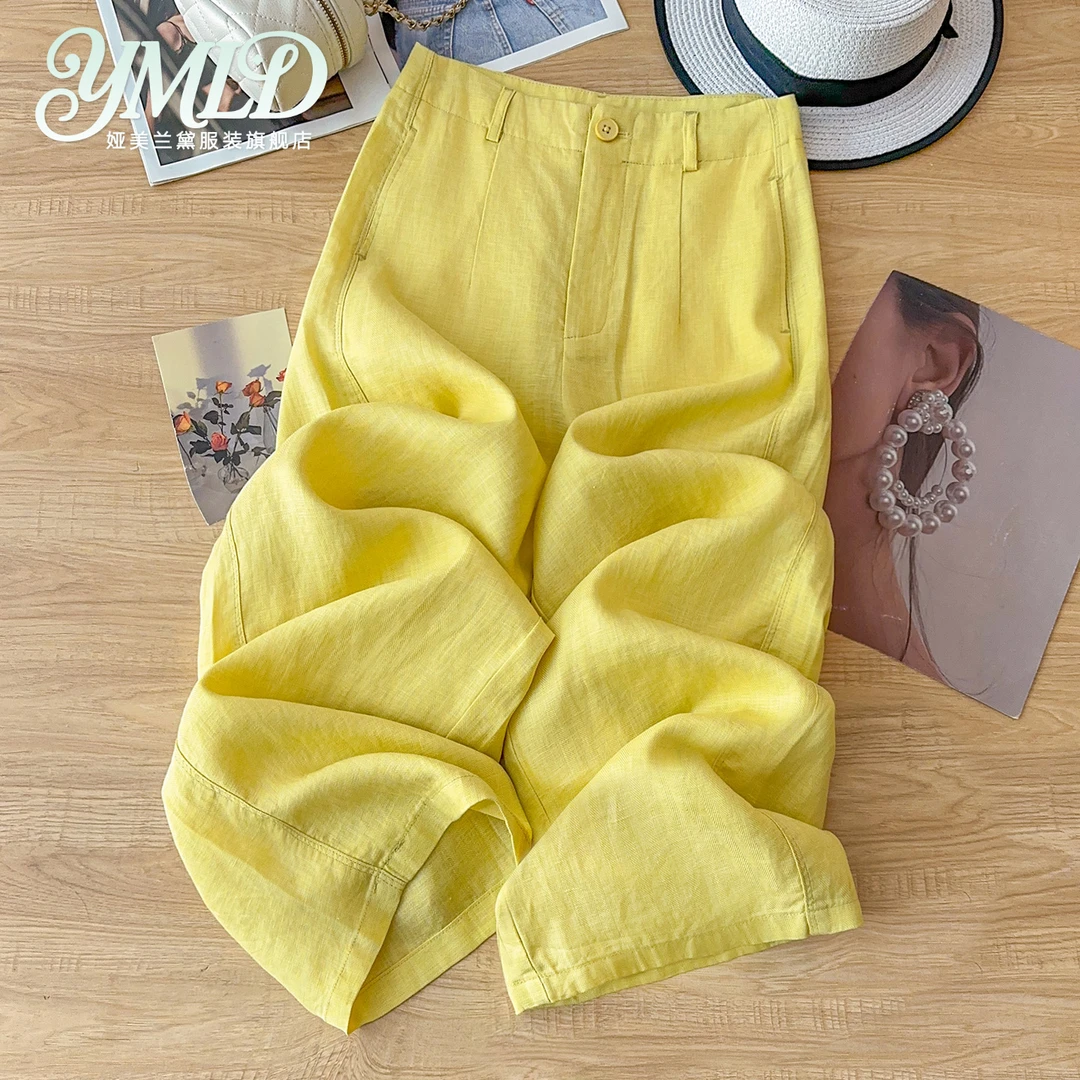 黄色亚麻阔腿裤女夏薄款2025新款天丝抗皱休闲直筒裤垂感棉麻裤子