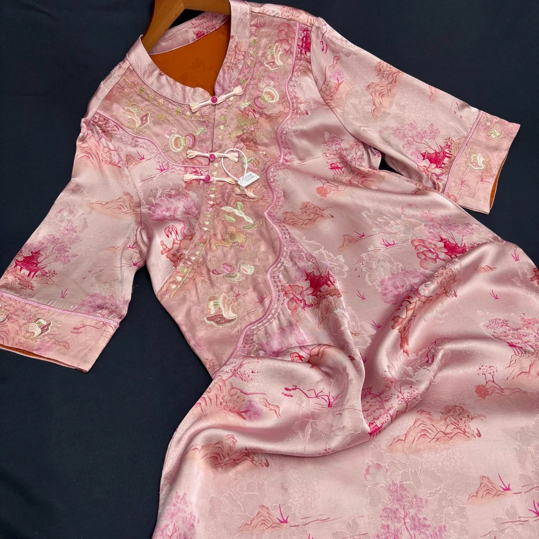 【苏瑾】新中式连衣裙气质套头斜襟复古暗纹提花中国风夏季时尚爆款