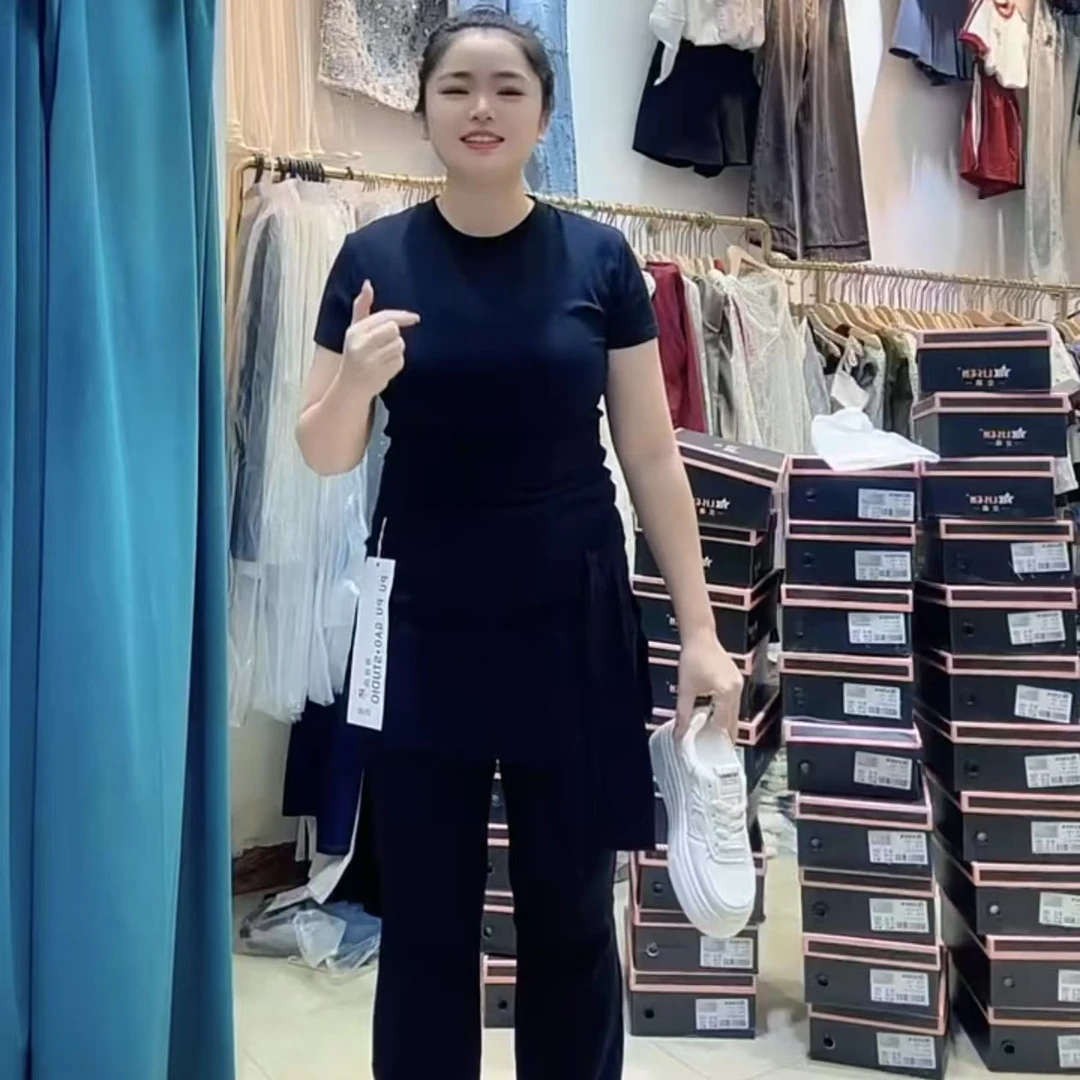 《霞华》2025新款时尚气质短袖上衣＋休闲裤显瘦遮肚两件套