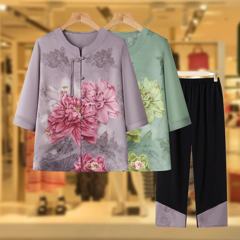 奶奶新中式套装中老年人夏装女妈妈雪纺中袖衬衫老人短袖衣服裤子
