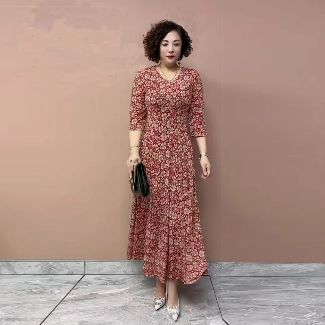 长裙女装碎花春复大码洋气长裙时尚大摆裙显瘦夏季连衣裙妈妈装