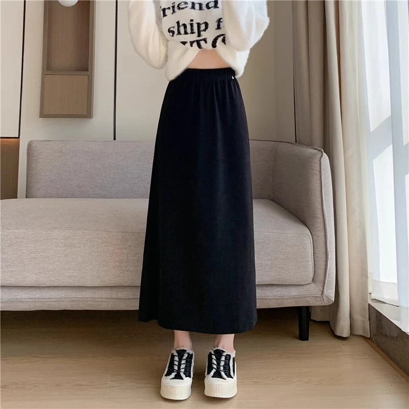 大码200斤韩版松紧腰高腰雪尼尔女春秋新款休闲长裙女开叉