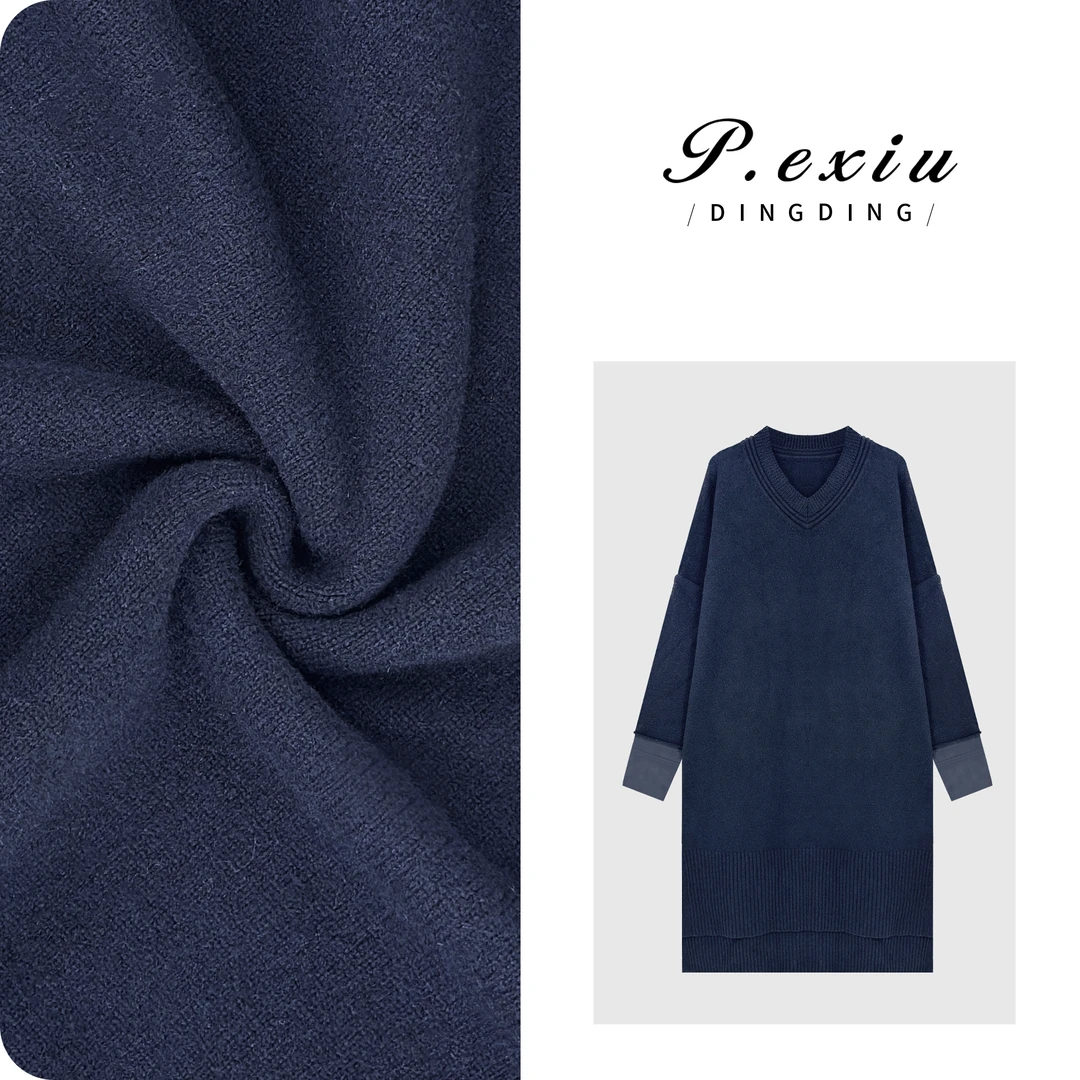 PanYiXiu/潘依绣100%美丽诺羊毛拼接假两件V领针织连衣裙 C057