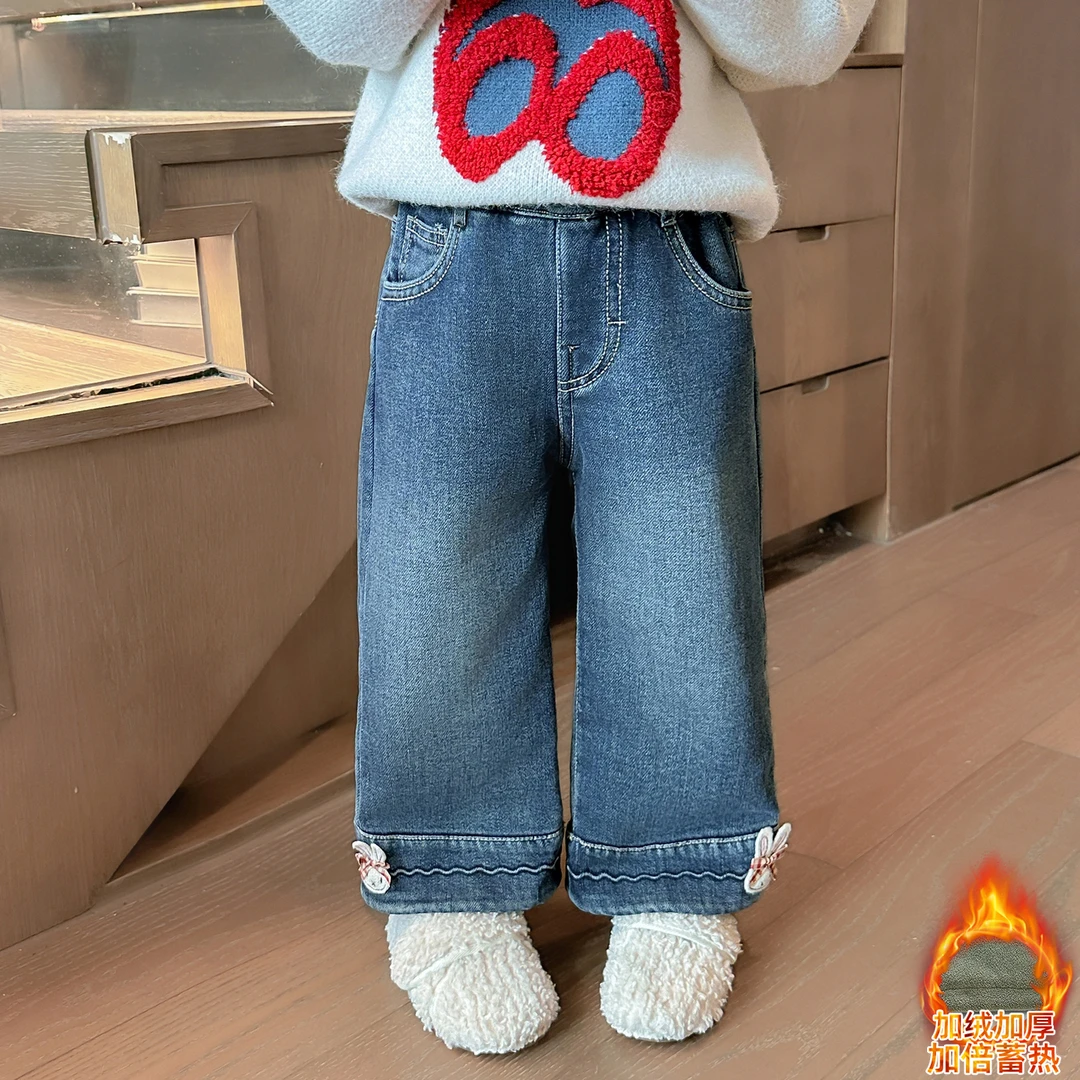 女童防风加绒裤子新款儿童冬季一体绒牛仔裤女宝洋气加厚休闲长裤