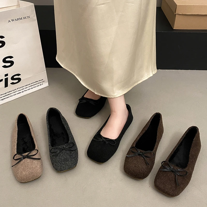 平底复古毛呢方头单鞋女鞋子2025新款秋冬玛丽珍奶奶鞋加绒棉瓢鞋