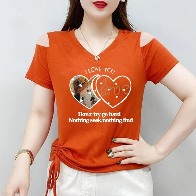 2025夏季新款露肩短袖t恤女士v领绑带修身洋气上衣服漂亮女装体恤