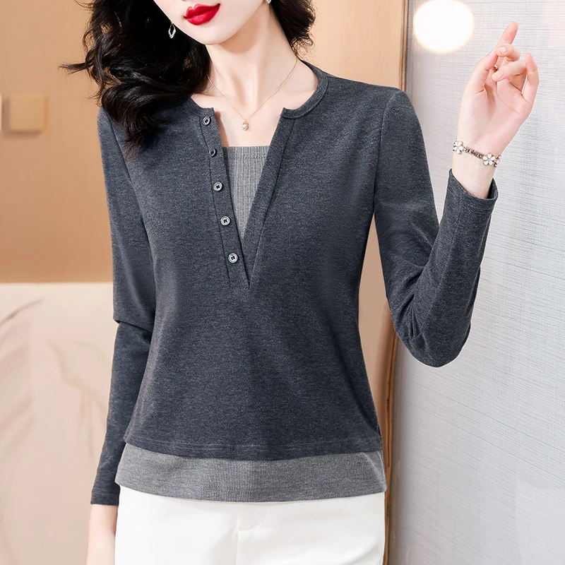 时尚拼接假两件长袖t恤女士秋季新款百搭显瘦正肩深灰色洋气上衣