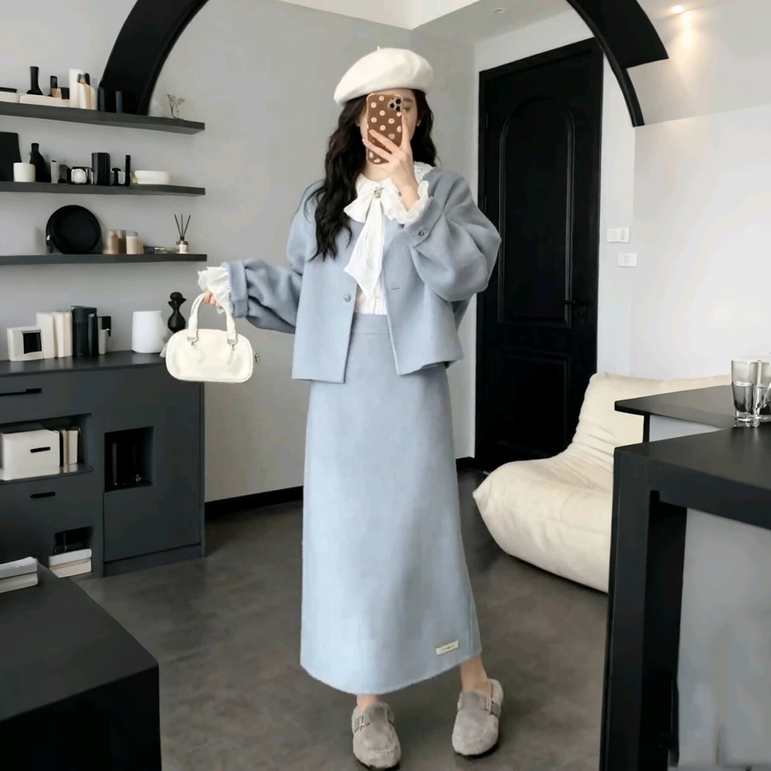 秋冬搭配一整套小香风蝴蝶结衬衫毛呢外套半身裙洋气减龄三件套女