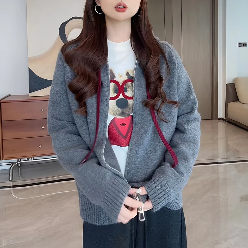 2025春秋季新款女士灰色宽松连帽毛针织开衫外套休闲简约百搭上衣