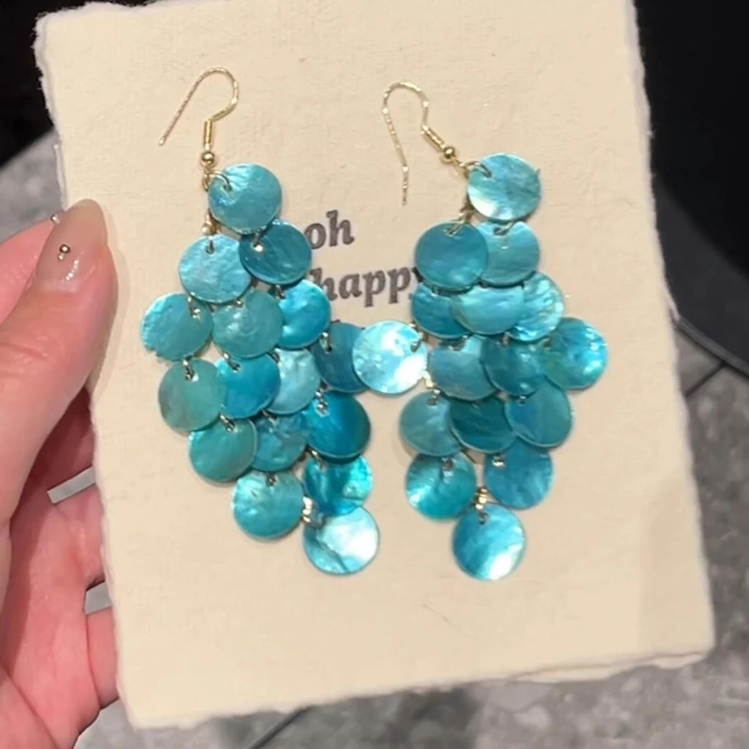 合金耳饰 蓝色圆片海边贝壳流苏耳钩耳环女小众设计夸张度假耳饰