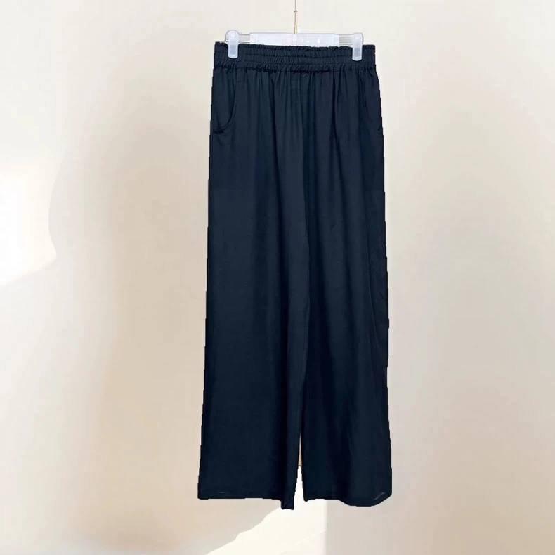 宽松九分裤纯色宽松型双绉花苞腰女装百搭休闲裤直筒裤女装长裤