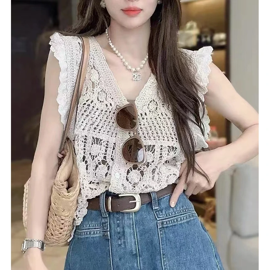 套装法式镂空钩花针织背心马甲开衫外搭飞飞袖无袖上衣女1828（N1）