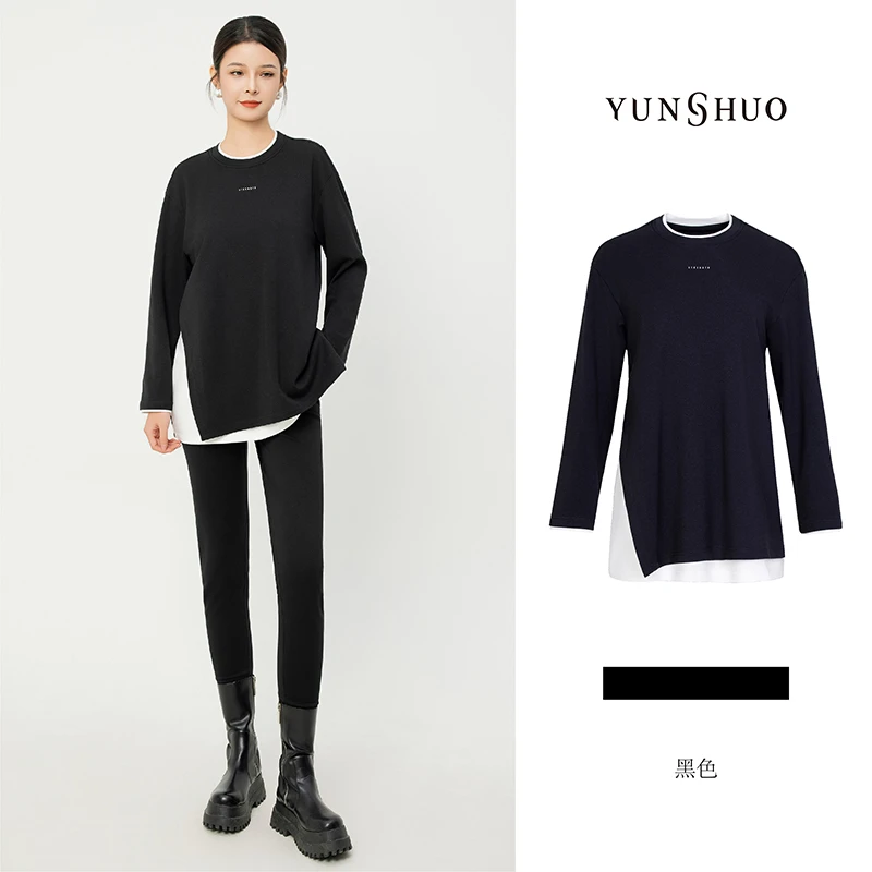 允硕春季秋冬新品百搭圆领拼接开叉字母宽松休闲上衣套头衫349597