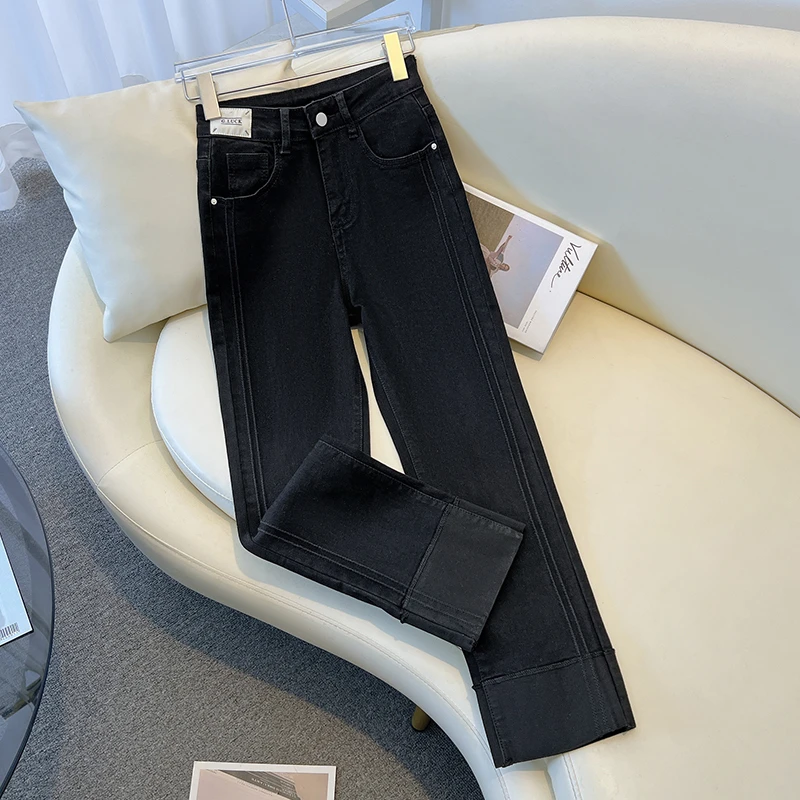 拉夏贝尔黑色烟管牛仔裤女2025新款春秋季洋气高腰九分卷边直筒裤