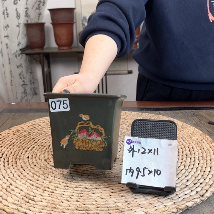 紫砂花盆纯料墨绿手绘签筒075