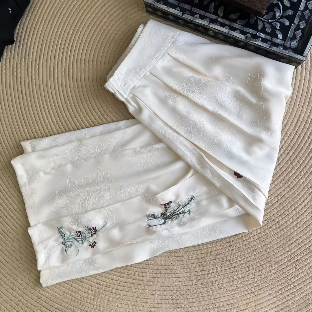 【织梦】夏季宽松显瘦文艺复古风绣花松紧腰阔腿裤气质直筒裤女