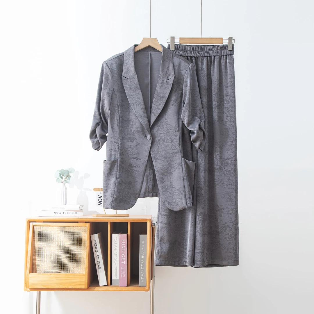 【醋酸面料】新款西装七分袖长裤高级套装时尚洋气女士休闲凉爽ZH