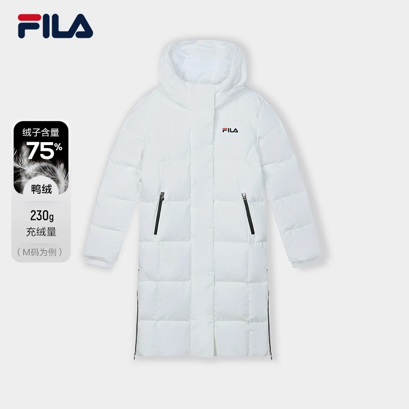 FILA 斐乐官方女士长款羽绒服2023冬季新款时尚休闲宽松连帽外套