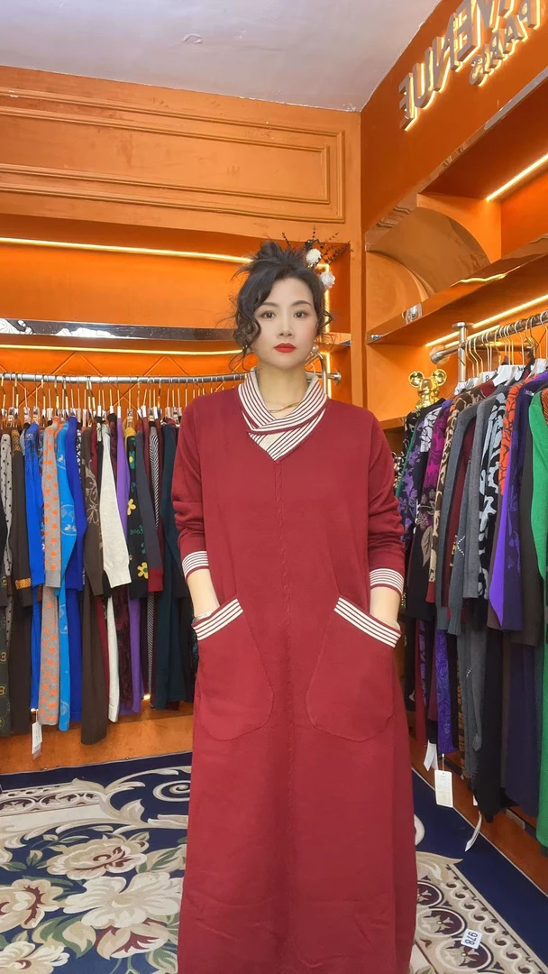 164秋冬宽松大码遮肚显瘦长款长袖连衣裙