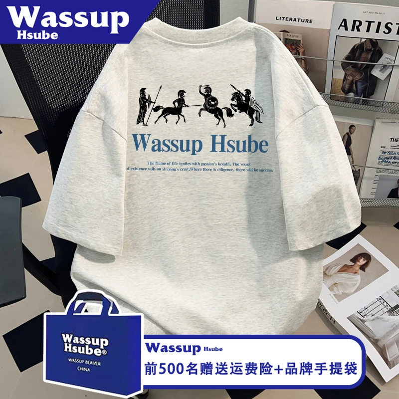 WASSUP HSUBE夏季白灰短袖中性男女100%棉T恤ins骑士英文印花上衣