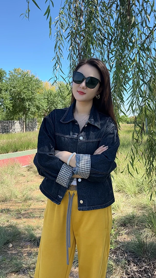 2025秋装复古格子拼接袖口牛仔短外套女长袖宽松休闲