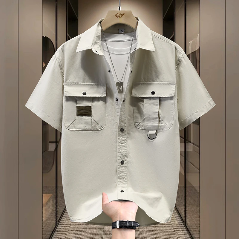 男生夏季衬衣薄款工装男士短袖衬衫纯色休闲衬衣男款上衣服潮2025