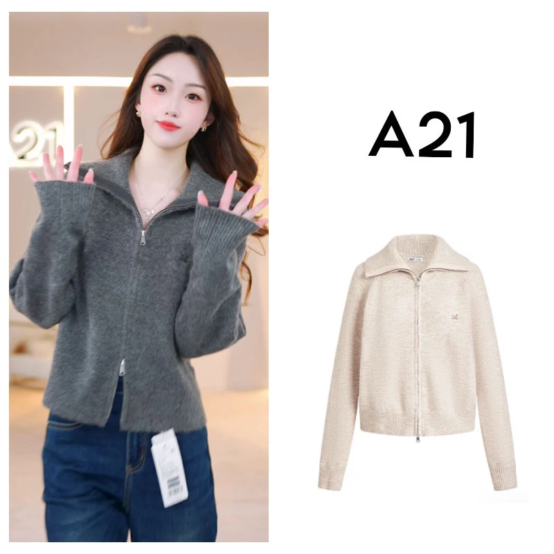 A21女装厚款毛针织衫2025冬季新款开衫立领毛衣外套F444244003-1